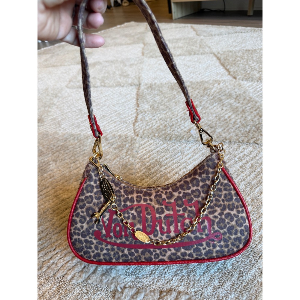 Von Dutch Leopard Print Shoulder Bag Red Trim Logo Baguette Purse Gold Hardware‎